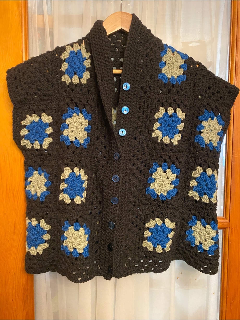 Handmade Crochet Hranny Square Vest in Black with Blue & Cream Accents Size L